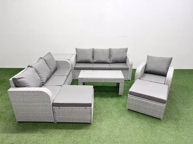 Fimous 9 Seater Grey Poly Rattan Garden Furniture Set with Oblong Coffee Table, 3 Seater Sofas, Reclining Chairs and 2 Ottomans
