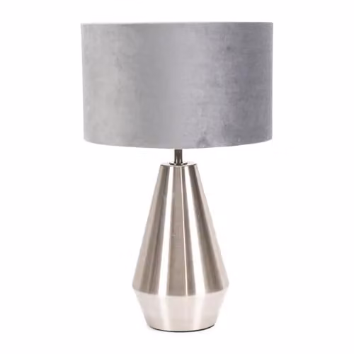ValueLights Silver Chrome Metal Touch Dimmer Table Lamp with Grey Fabric Cylinder Shade – 1