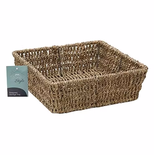 JVL Seagrass Square Open Weave Storage Tray in Beige or Brown, W/D/H: 25.0 x 25.0 x 8.0 cm