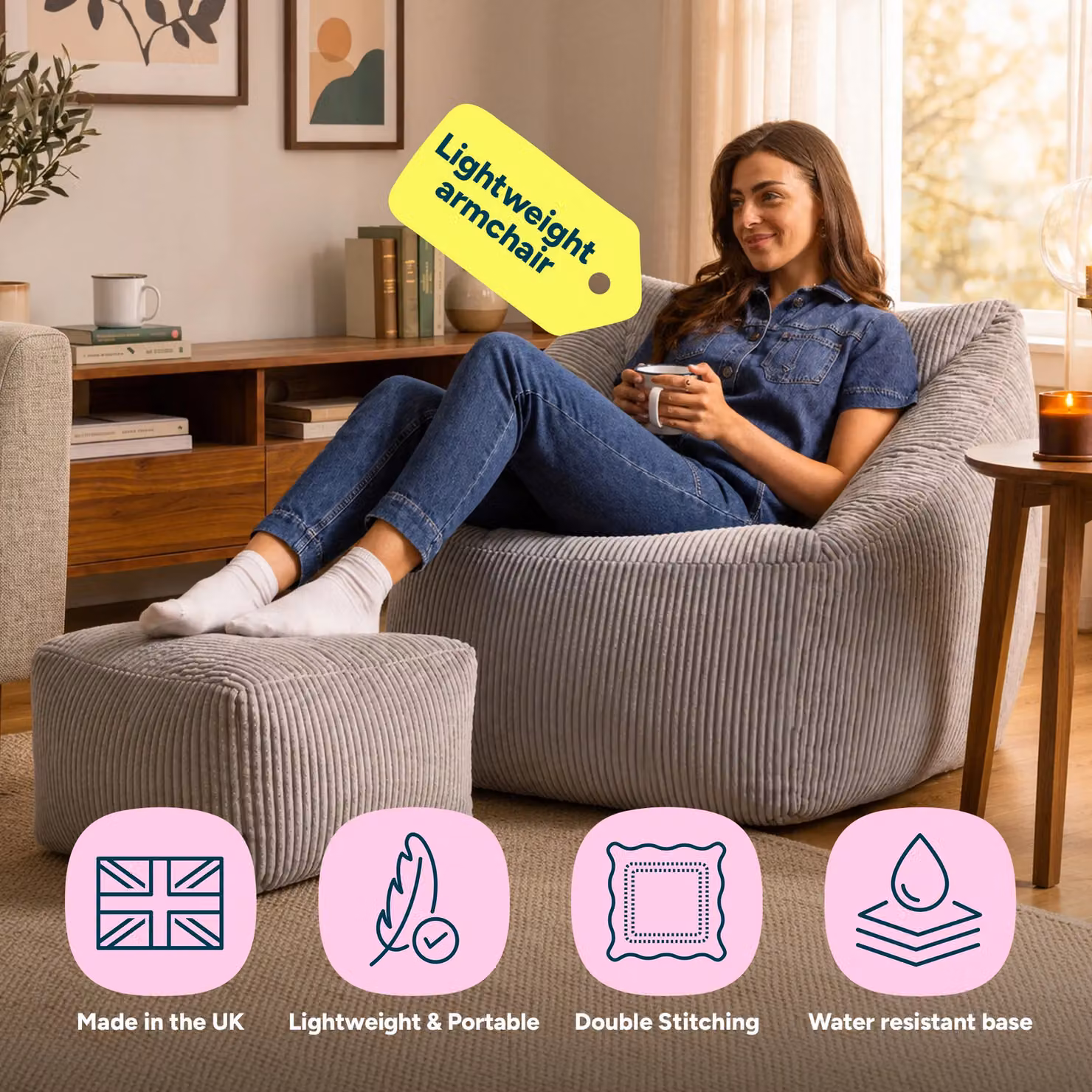 icon Natalia Cord Bean Bag Chair and Footstool Bundle with Filling Included, Grey – 2