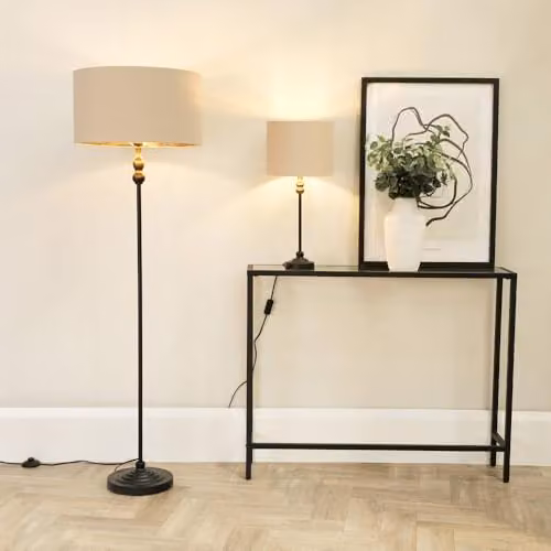 ValueLights Maggie Black Metal Candlestick Floor Lamp with Beige and Gold Fabric Cylinder Shade – 2