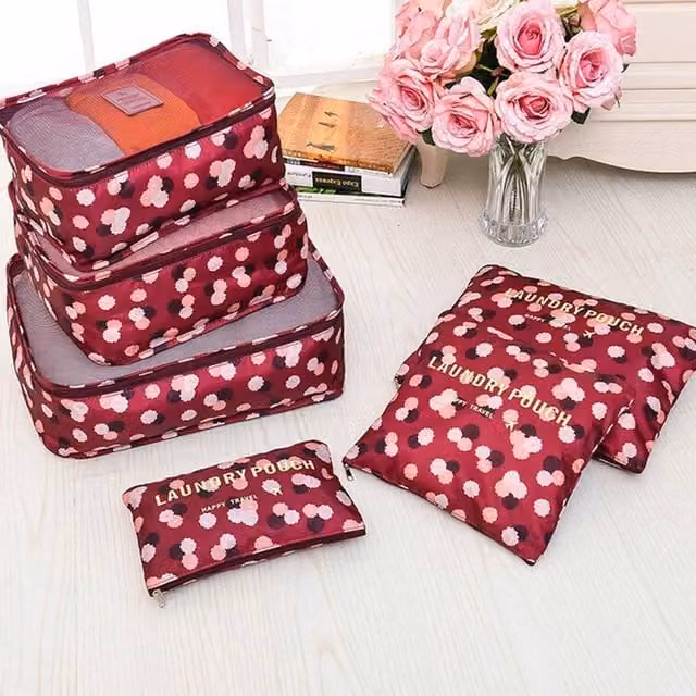 NESTLUNE 6-Piece Red Flower Mesh Packing Cubes Luggage Organiser Set