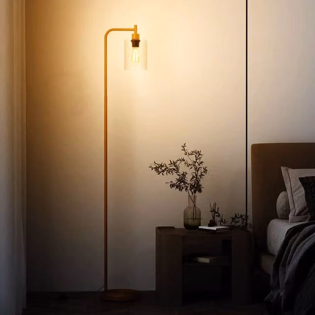 Costway Industrial Floor Lamp with Transparent Glass Lampshade in Gold/Brass