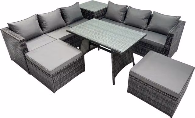 Fimous 8-Seater Outdoor Rattan Corner Sofa Dining Set with Side Table and 2 Stools in Dark Grey