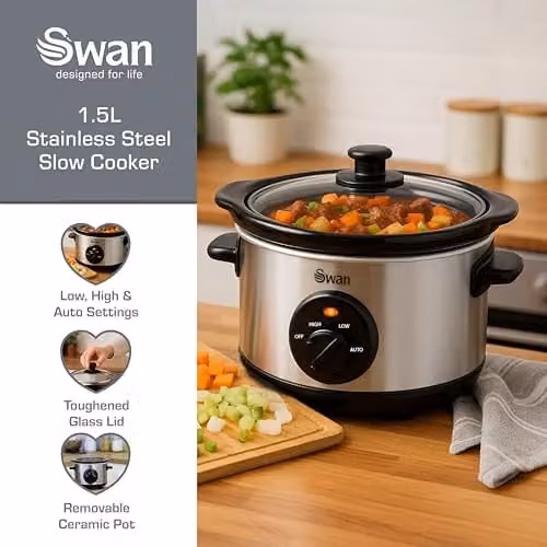 Swan 1.5 Litre Stainless Steel Slow Cooker with Keep Warm Function, 120W, Silver – 2