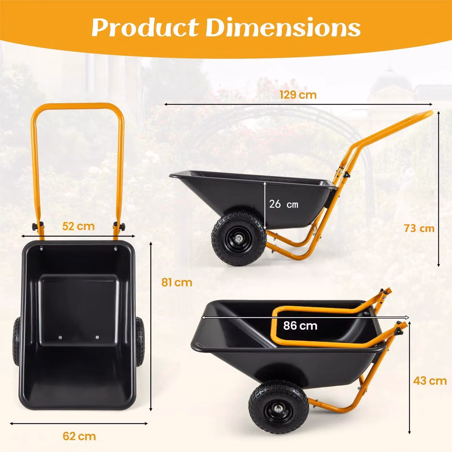 Costway Dual-Wheel Garden Utility Wheelbarrow with Foldable Handle, 80 L, Black – 2