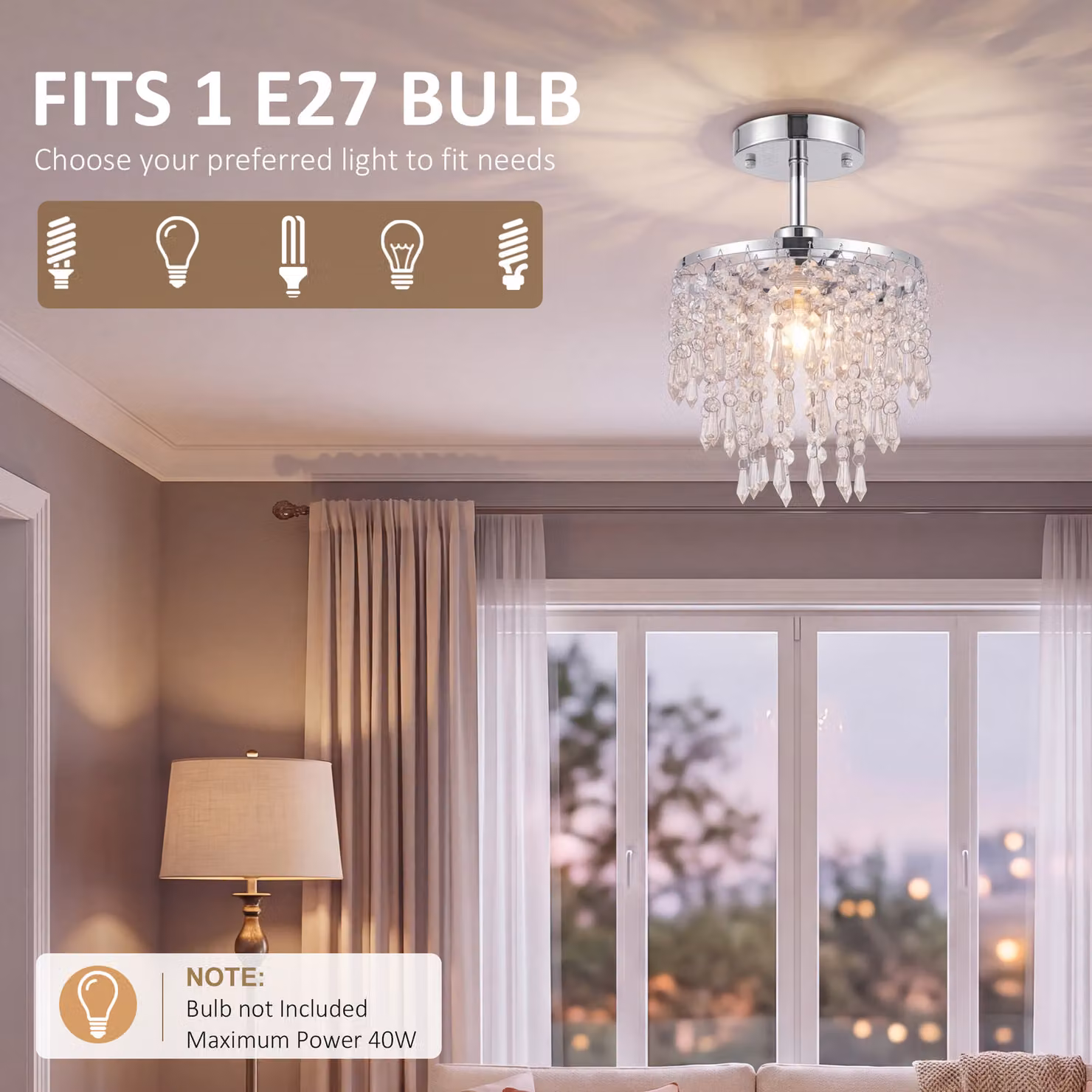 HOMCOM Silver Crystal Ceiling Light with Transparent Strands for Hallway, Bedroom or Dining Room – 3