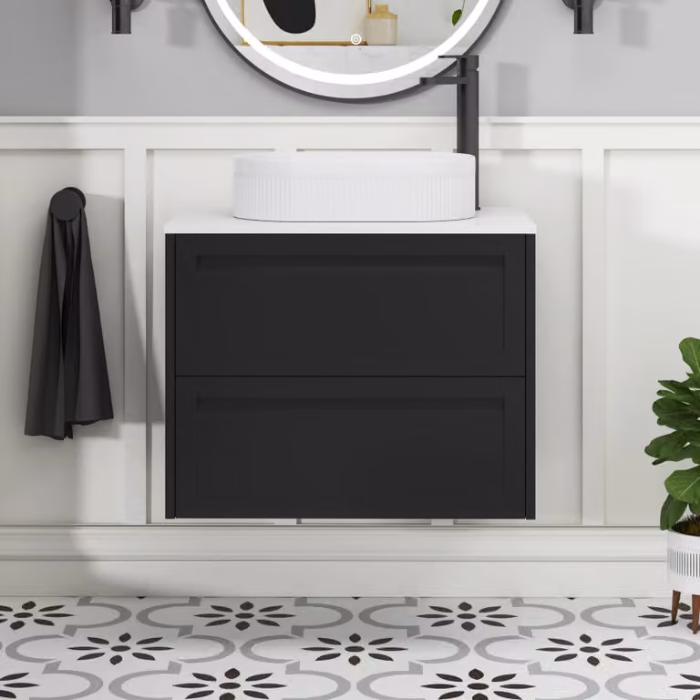 Royal Bathrooms Elmore Wall Hung 2 Drawer Vanity Unit in Matt Nocturne Black with Plain White Worktop