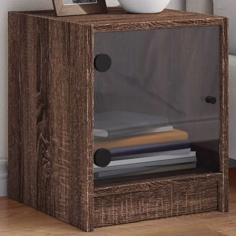 Berkfield Home Elegant Bedside Cabinets with Glass Doors, 2 Pack, Brown Oak, W/D/H: 35 x 37 x 42 cm