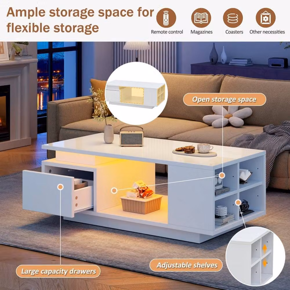 VOGREX Modern White High Gloss LED Coffee Table W: 120 cm, D: 60 cm, H: 6 cm – 3