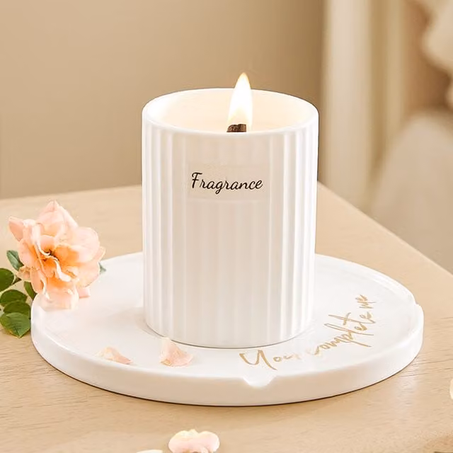 Livingandhome White Striped Ceramic Soy Wax Scented Tabletop Candle with Floral Design
