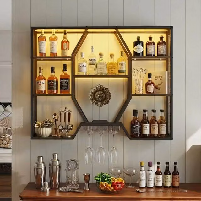 FORGEVIO Wall Mounted Bar Shelves with Integrated LED Lighting in Black – 1