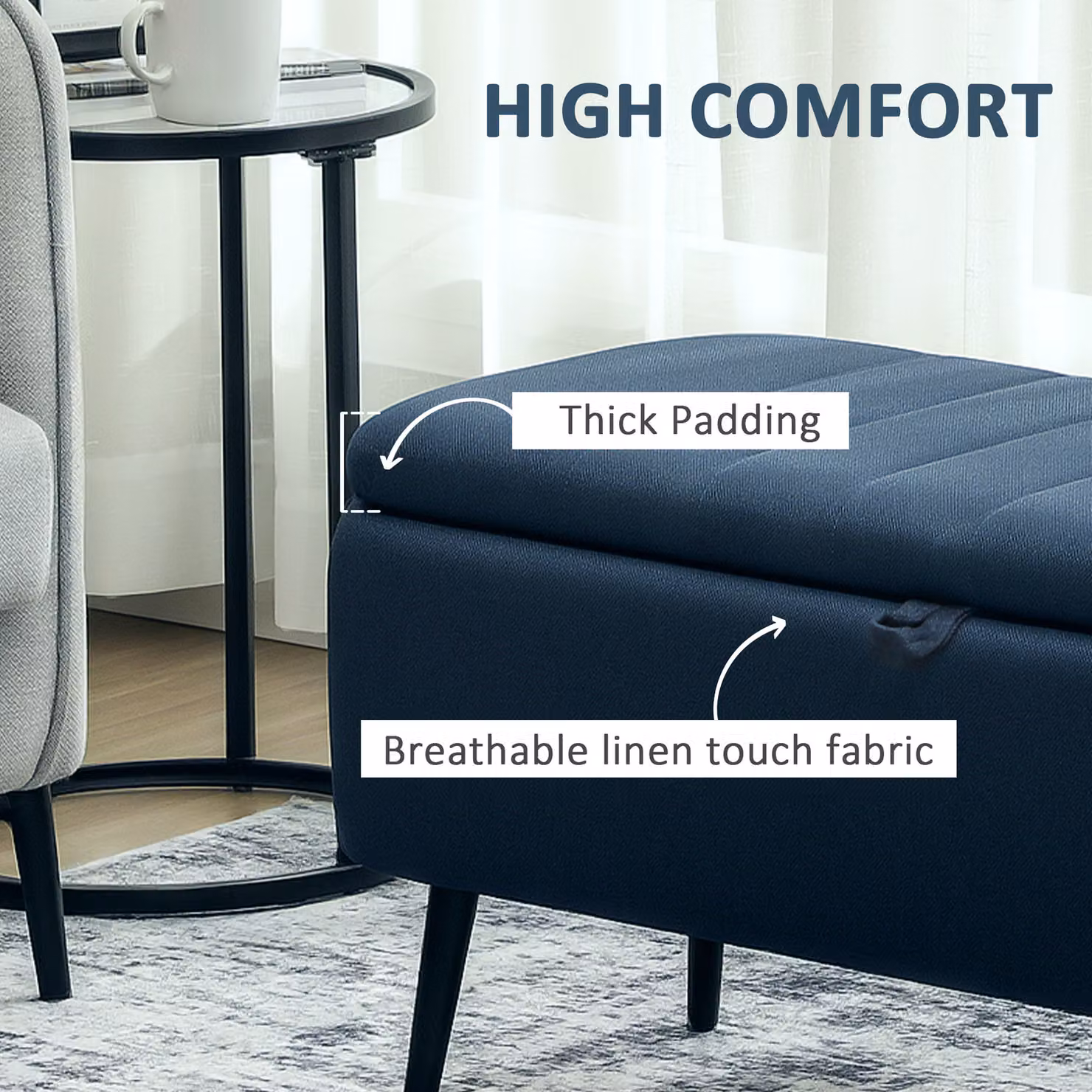 HOMCOM Blue Linen-Look Rectangular Storage Ottoman W: 92 cm, D: 31 cm, H: 31 cm – 5