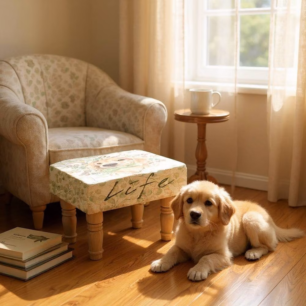Minster Dog Print Design Footstool in Brown and Multicolour, W: 40 cm, D: 26 cm, H: 26 cm – 4