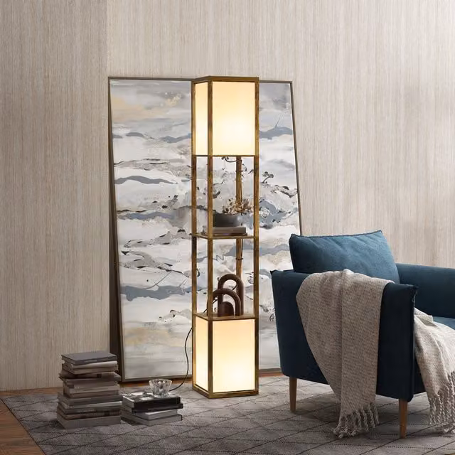 HOMCOM Modern Dual Light Floor Lamp with Shelf in Brown and Gold/Brass