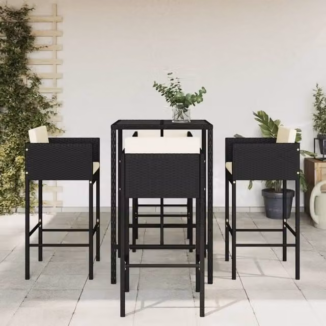 Berkfield Home 5 Piece Garden Bar Set with Cushions in Black Poly Rattan – 1