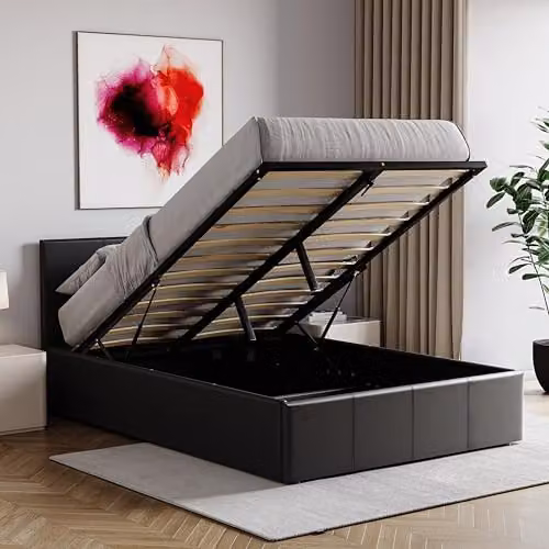 Vida Designs Lisbon Small Double Faux Leather Ottoman Bed Frame in Black, H 87 x W 128 x D 200 cm – 4