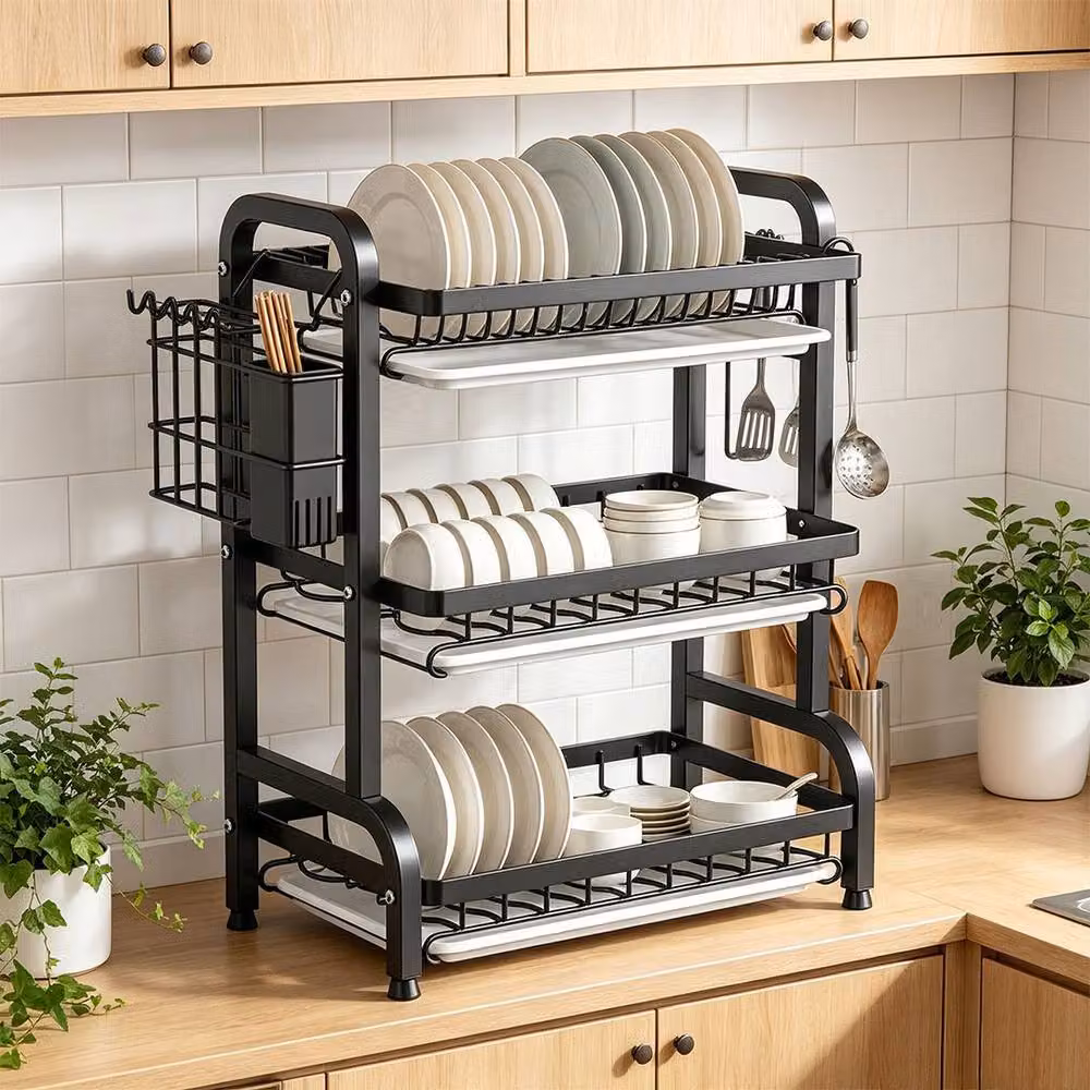 Ventryn 3 Tier Large Dish Drainer Rack with Cutlery Holder and Drip Tray, Black – 4