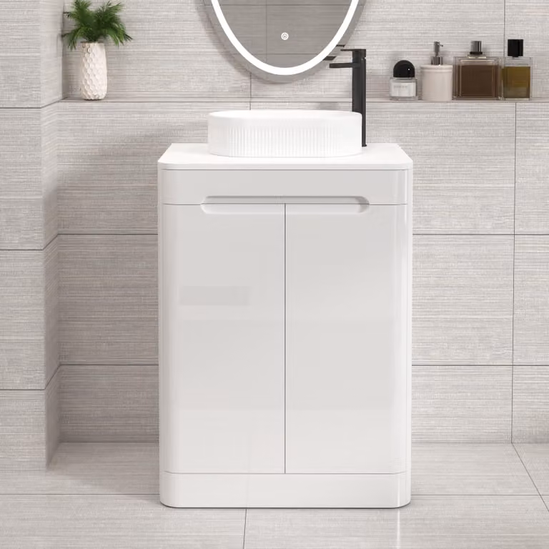 Royal Bathrooms Venice 600mm Gloss White Floor Standing 2 Door Vanity Unit with Lyon Basin and Plain White Worktop