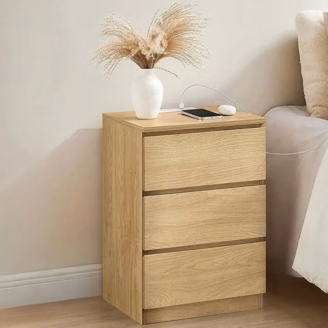 FORGEVIO Modern Bedside Side Table with Drawer and Built-In Power Strip in Light Oak