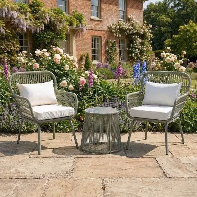 Rosewood & Stone Home Stourhead 3 Piece Sheesham Wood Patio Set in Beige and Green