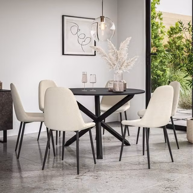 More4Homes Malvern Round Black Dining Table with 6 White Maya Boucle Chairs and Black Oak Legs, Diameter: 120 cm, Height: 75 cm