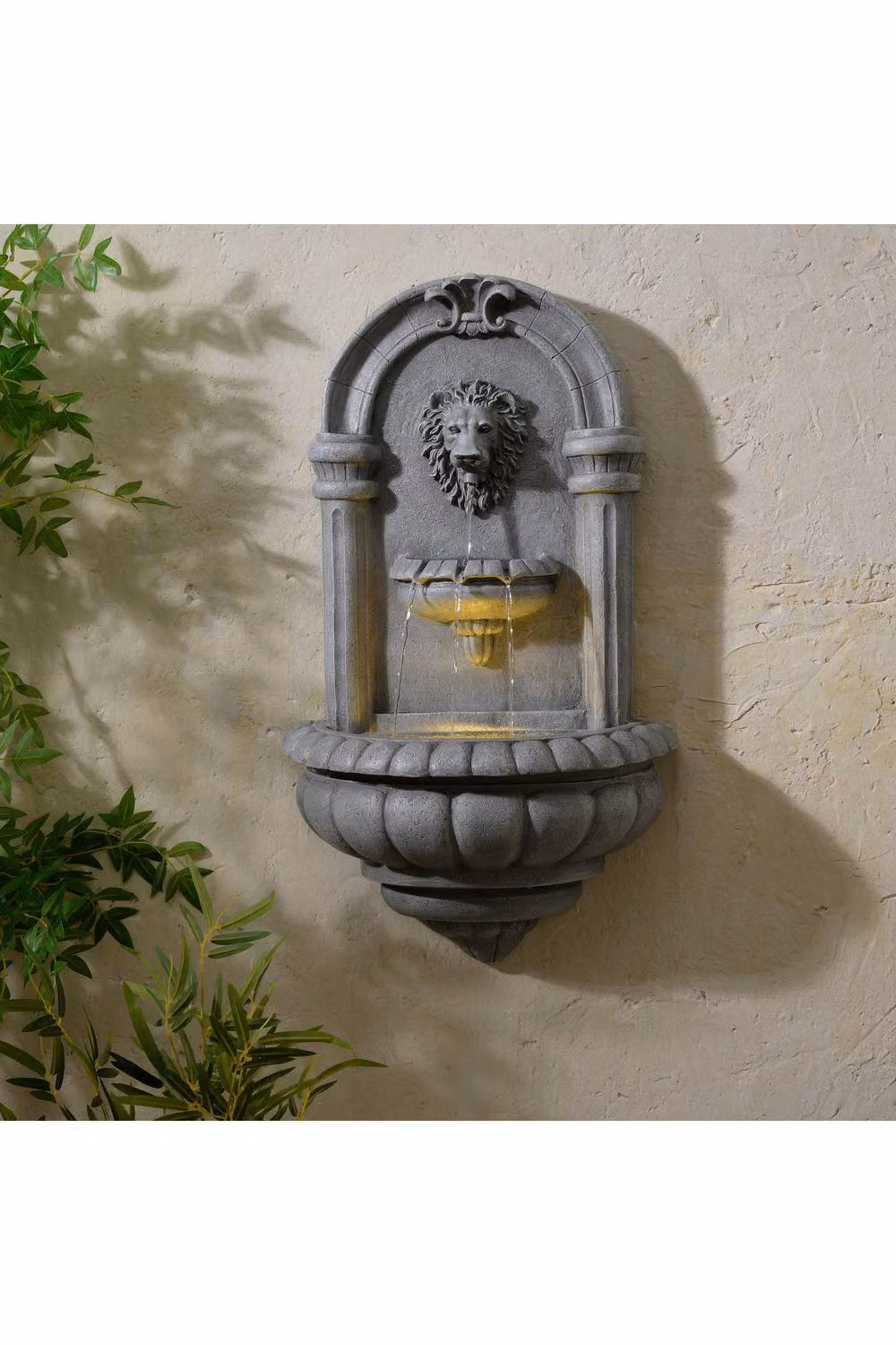Teamson Home Lion Head Wall-Mounted Garden Fountain with LED Lighting in Grey Natural Stone Style – 2