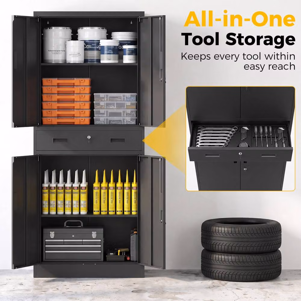 HOMCOM Lockable Metal Tool Storage Cabinet with Drawer, Black, H 180 x W 75 x D 40 cm – 5