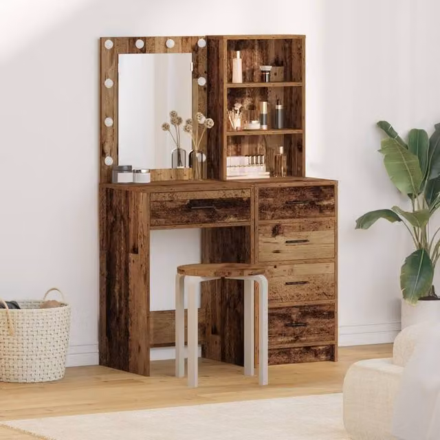 Berkfield Home 2 Piece Hollywood LED Dressing Table Set in Brown Rustic Wood Finish