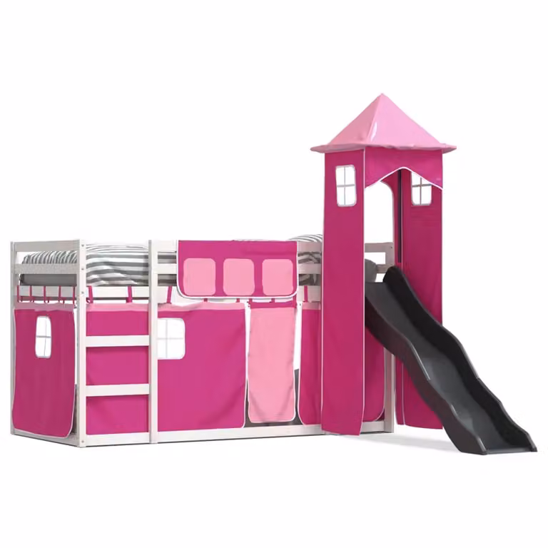 Berkfield Home Pink Solid Wood Childrens Bunk Bed with Slide and Curtains W/D/H: 90 x 200 cm