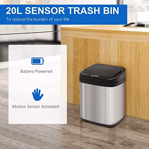 HOMCOM Automatic Sensor Dustbin in Silver and Black, 20L, W: 25 cm, D: 25 cm, H: 42.5 cm – 5