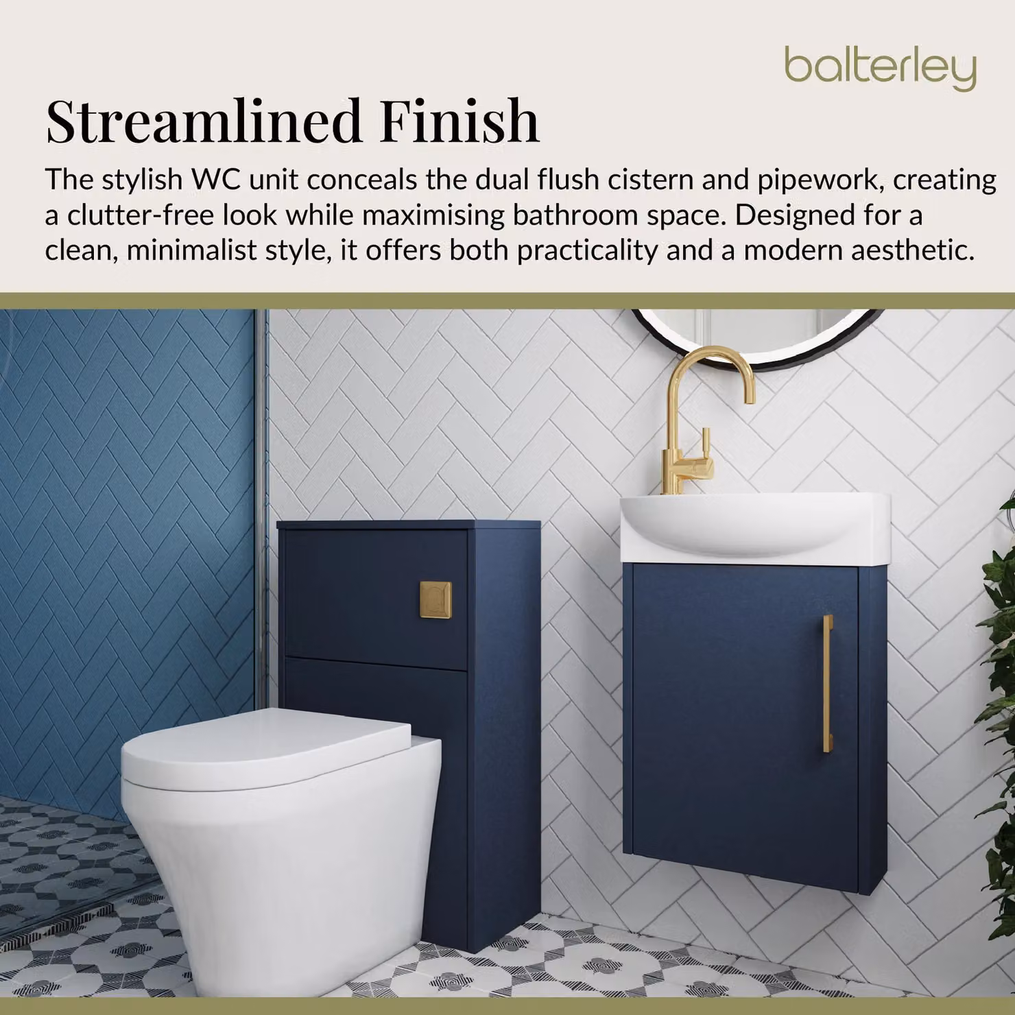 Balterley Right Hand Cloakroom Suite with Vanity, WC, and Tap Set in Grey with Blue Brass, 440mm – 3