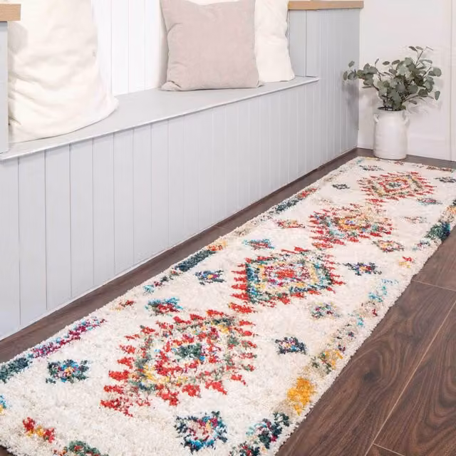The Rug House Moroccan Shaggy Living Area Rug in Beige and Multicolour, W: 240 cm, D: 60 cm
