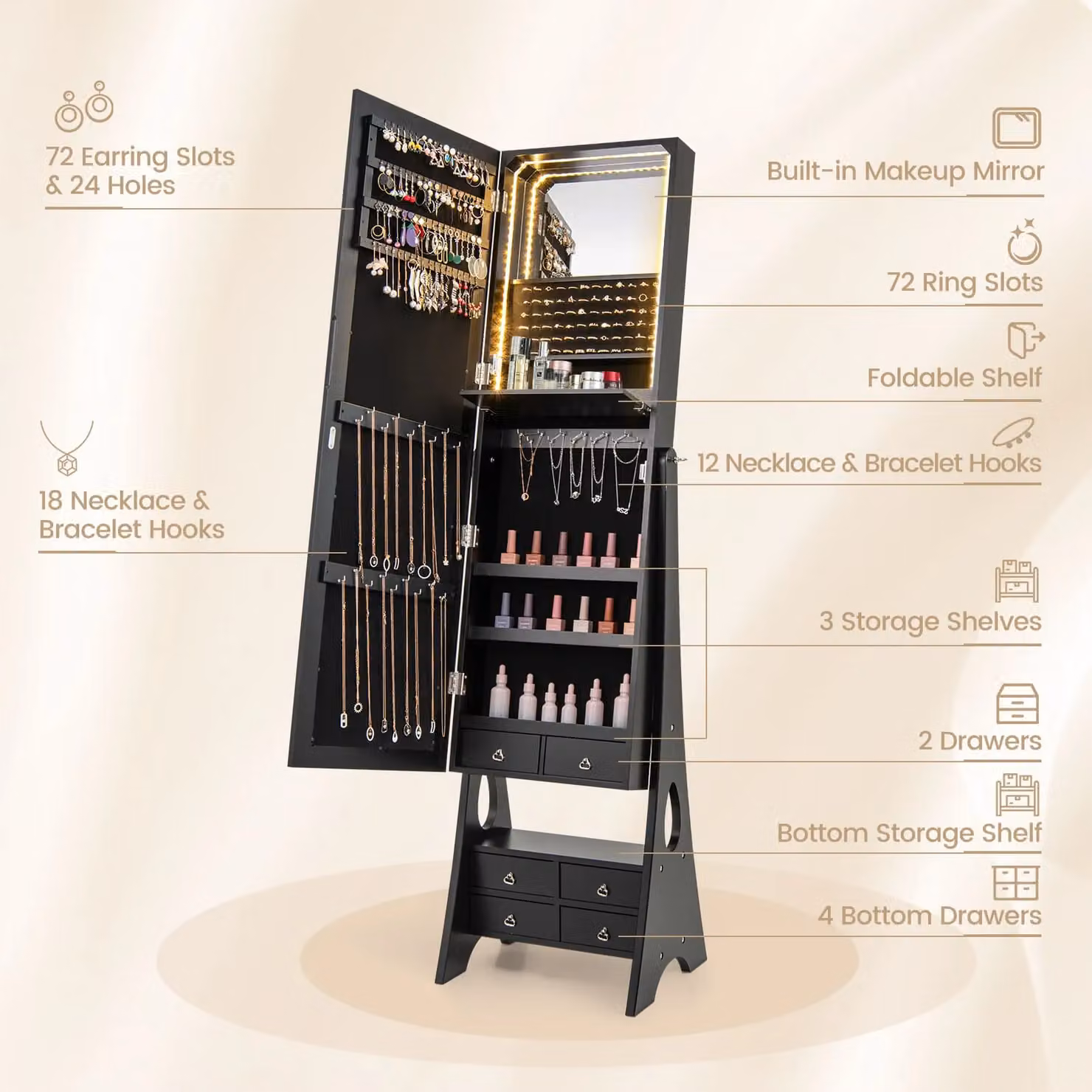 Costway Black Modern Jewelry Cabinet Armoire with 3-Colour LED Lighting and Mirror – 7