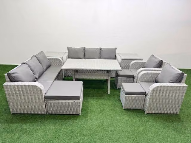Fimous Grey PE Rattan Patio Dining Set with 3 Seater High Back Lounge Sofa, Reclining Chair, 3 Stools, Rectangular Glass Top Table and 2 Side Tables