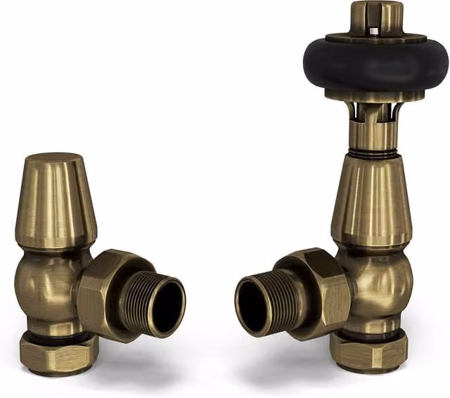 UK Radiators Signature Wooden Head Thermostatic Radiator Valve and Lockshield Angled Set in Antique Brass