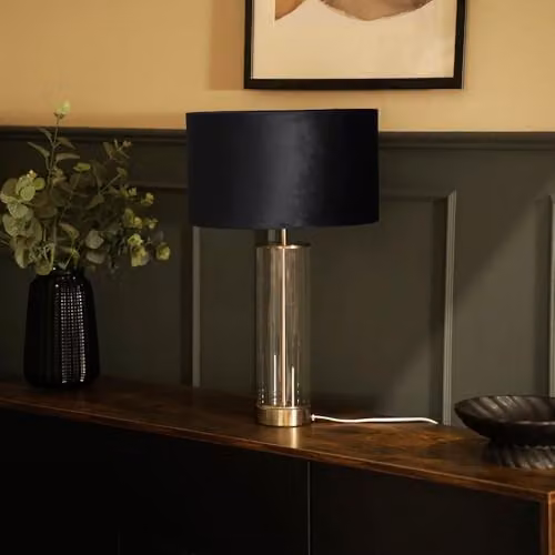 ValueLights Balan Glass and Brushed Chrome Table Lamp with Black Fabric Drum Shade and LED Bulb – 2