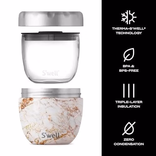 S'well Calacatta Eats 2-in-1 Stainless Steel Food Bowl in Gold and White – 3
