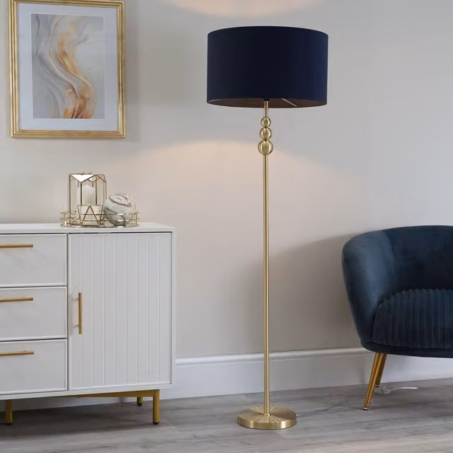 ValueLights Marissa Brushed Gold Floor Lamp with Navy Blue Fabric Drum Shade