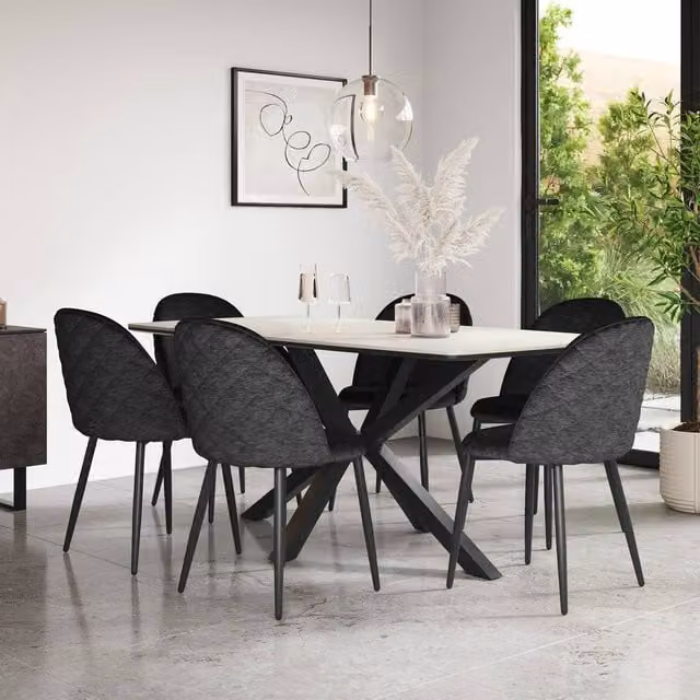 More4Homes Juno White Marble Ceramic Rectangular Dining Table and 6 Raye Black Velvet Chairs – 1