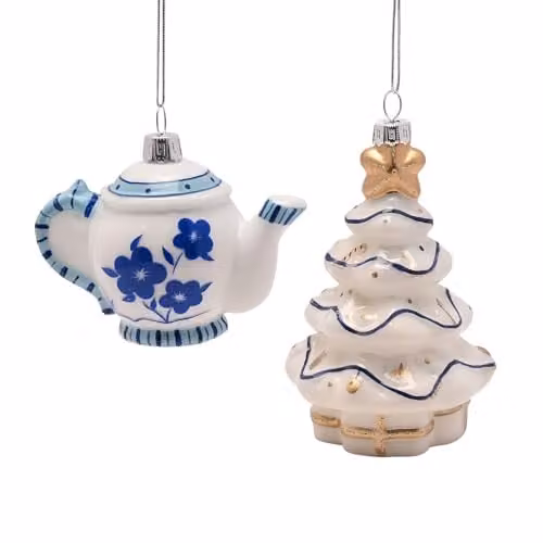 Widdop and Co Set of 2 Blue, White and Gold Floral Glass Christmas Bauble Hanging Decorations