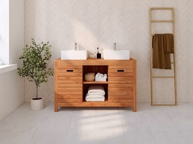 Vente-unique PULUKAN Acacia Wood Bathroom Unit with Double Basin in Walnut, W: 130 cm