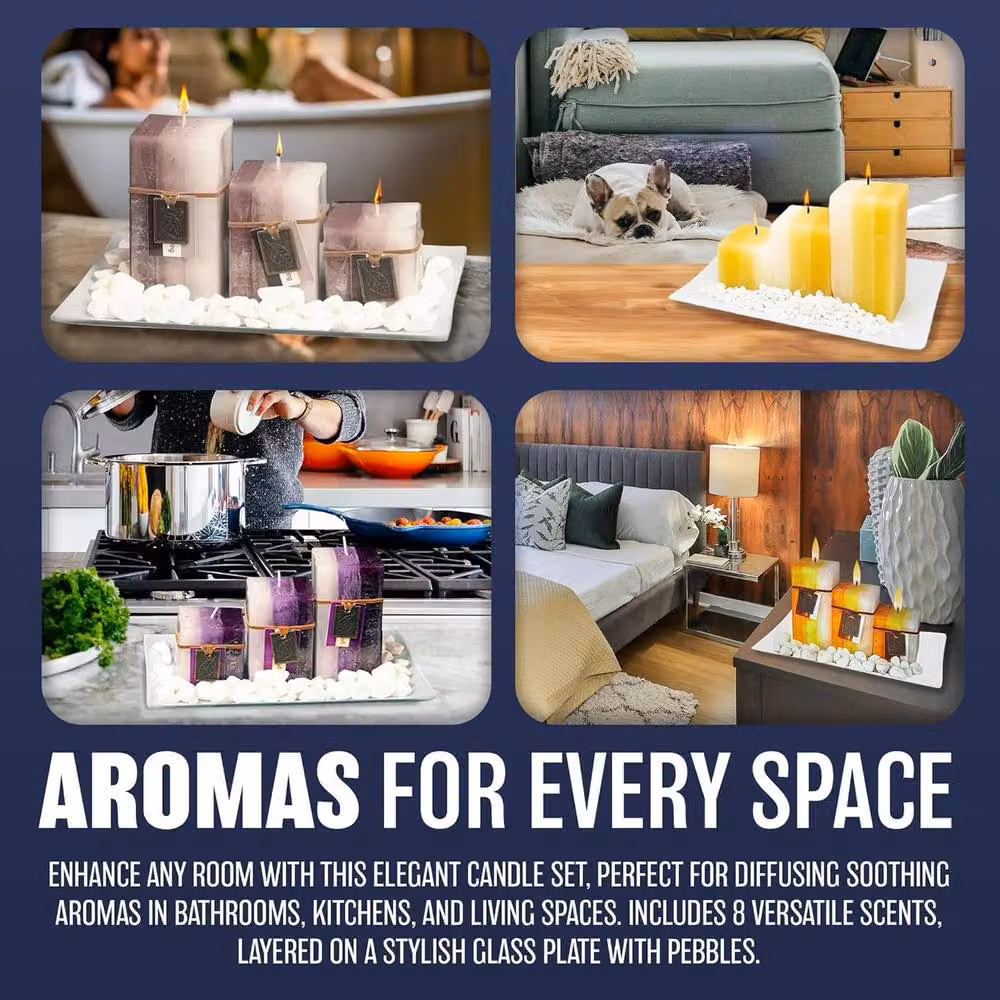 BARGAINS-GALORE Scented Aromatic Mood Wax Candle Gift Set with Glass Plate and Stones in Purple and White – 4