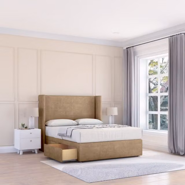 Sloomy Devonshire Naples Wingback Bed Set with 2 Drawers and Floor Standing Headboard in Light Brown, Small Double, W/D/H: 120 x 200 x 122 cm