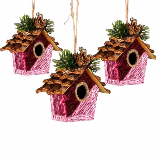 SHATCHI 3-Piece Pink and Gold Birdhouse Christmas Tree Hanging Decorations, W/D/H: 10 x 10 x 11 cm