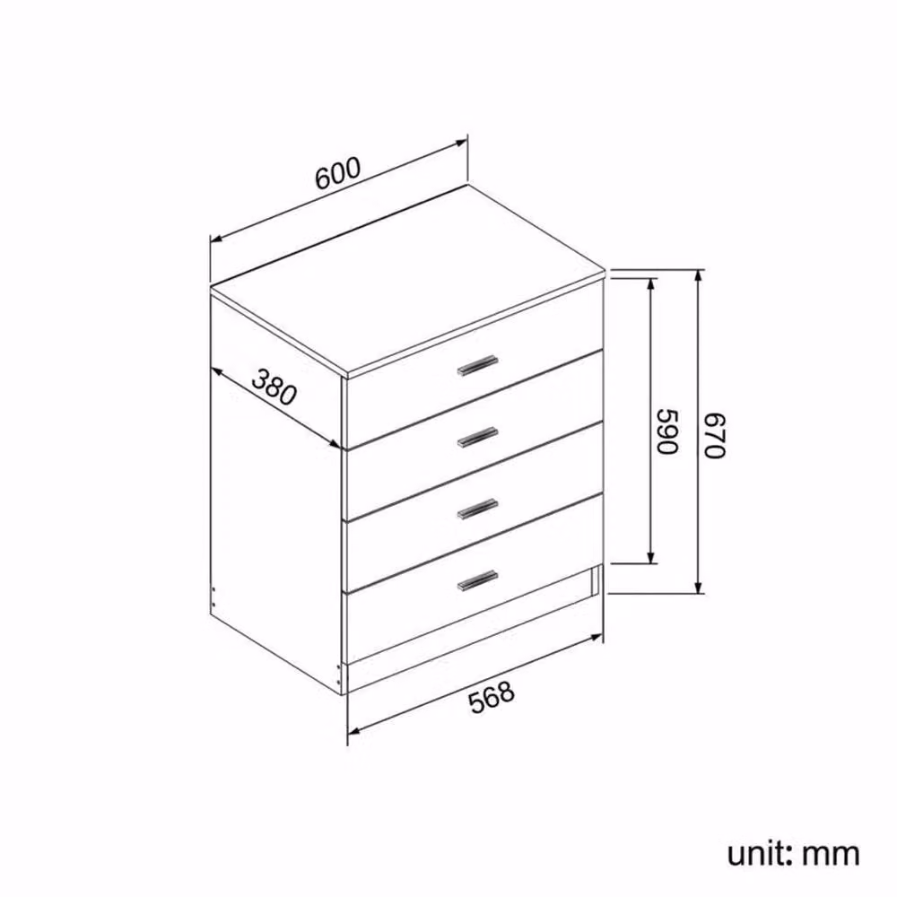 ERGOVEXA High Gloss 4 Drawer Chest of Drawers and Bedside Cabinet in Natural Oak, H 67.0 x W 38.0 x D 60.0 cm – 1