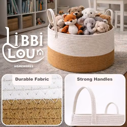 Libbi Lou Cotton Rope Storage Basket with Handles, Collapsible, Two-Tone Beige and Brown, W: 40 cm, D: 25 cm, H: 25 cm – 4