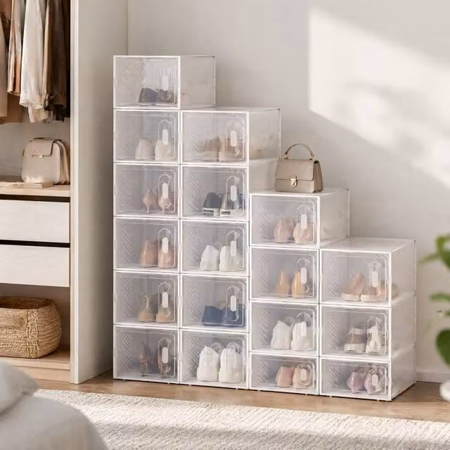 STILVORA 18-Piece Shoe Storage Box Set with Magnetic Doors in White and Transparent