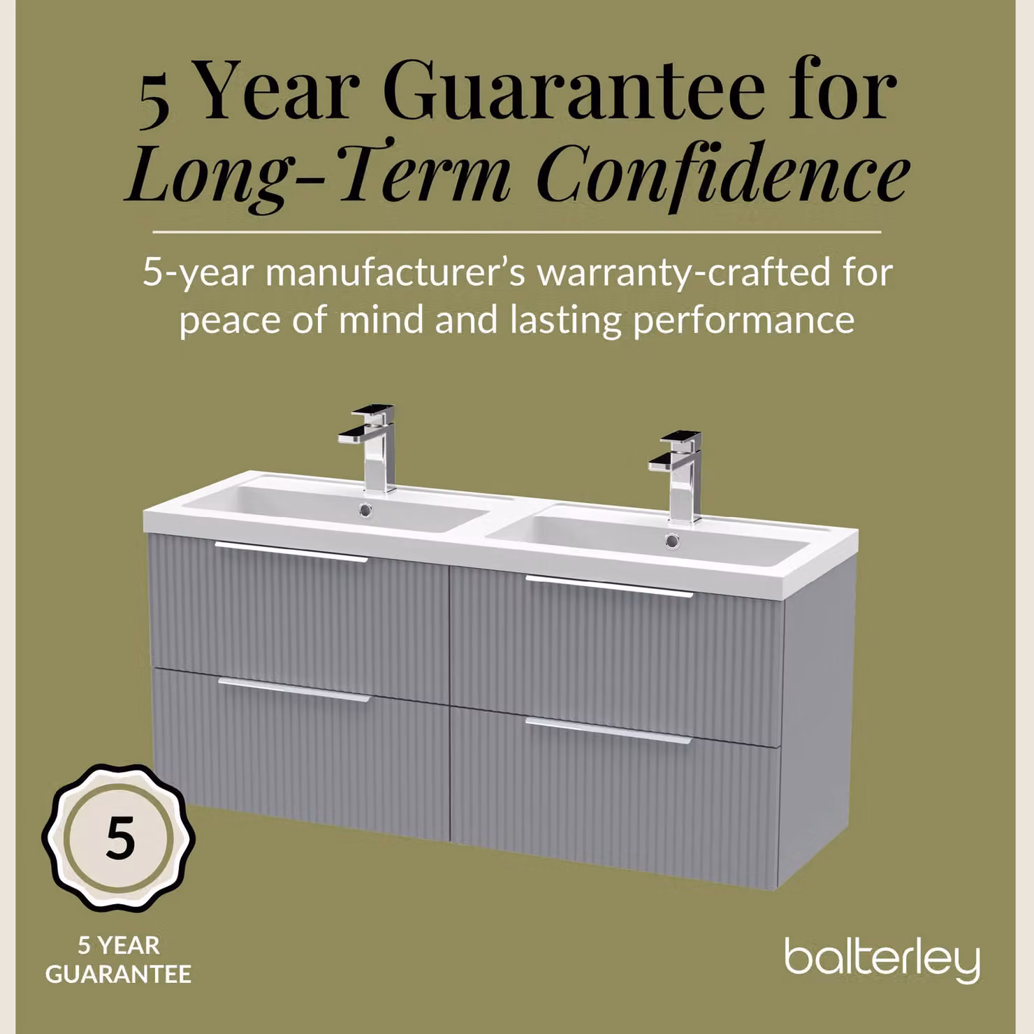 Balterley Fluted Wall Hung 4 Drawer Vanity Basin Unit and Basin, Satin Grey, Width: 120 cm – 3