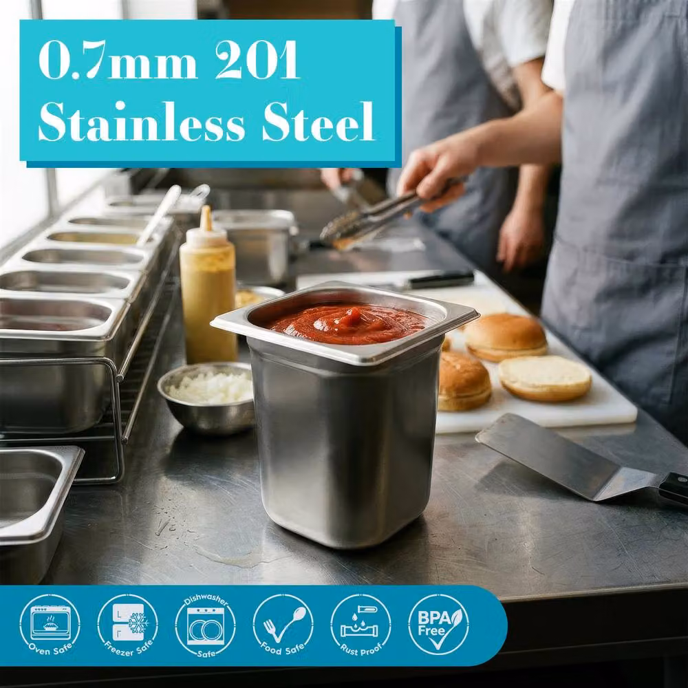 Argon Tableware Stainless Steel Gastronorm Containers, 1/6 200mm, 3L, Pack of 10, Silver – 4